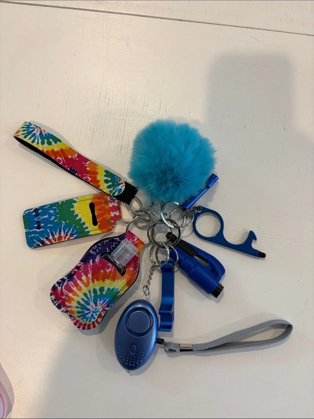 Blue Pom Pom Keychain Safety Set with Tie-Dye Accessories